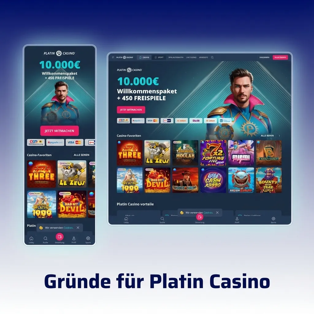 Platin Casino logo with gaming interface showing slots, sports betting, and live casino games on desktop and mobile
